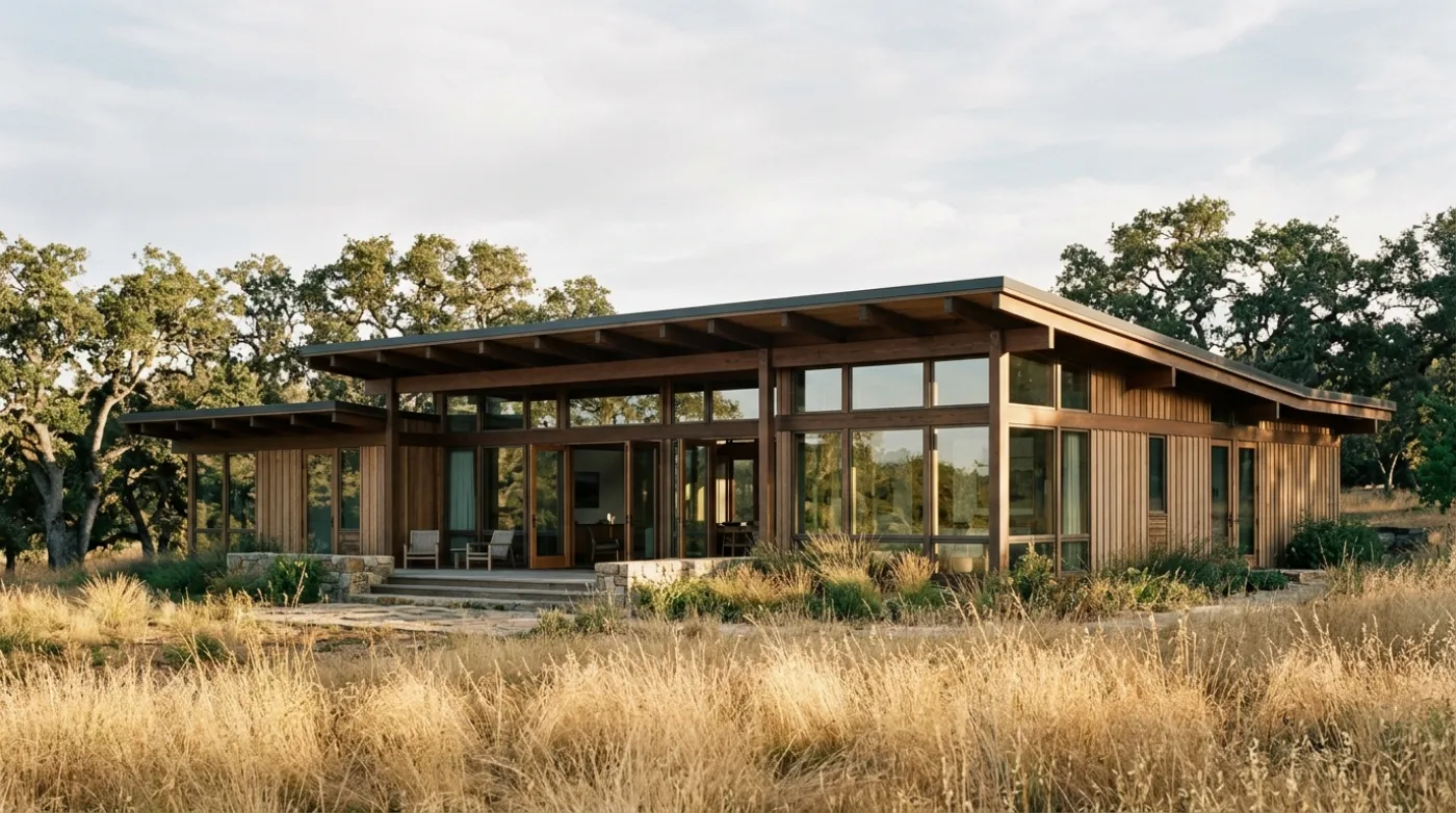 Post-and-beam house in its meadow