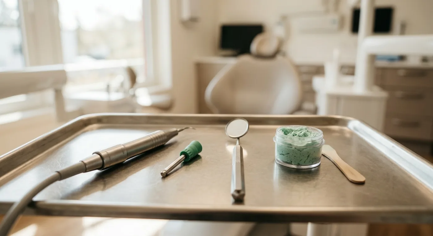 Hygiene instruments and polishing paste on a tray
