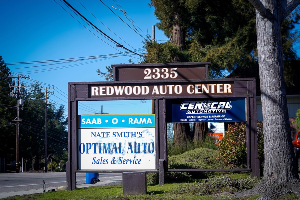 The Redwood Auto Center sign on Soquel — look for the Cen Cal panel