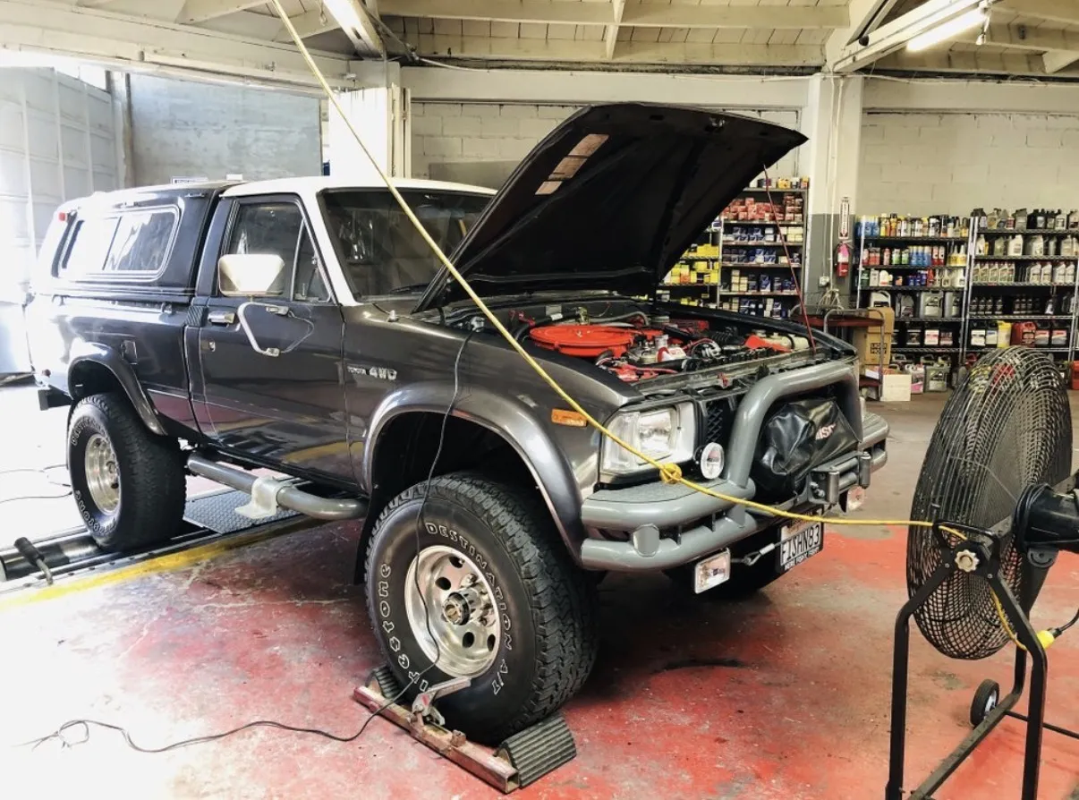 Truck in for service, hood up